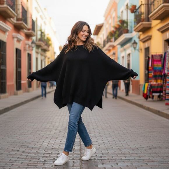 Free People Ottoman Slouchy Black Sweater Long Sleeve Tunic Dress XS - Picture 1 of 16